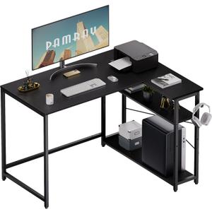 Pamray 43 Inch L Shaped Computer Desk with Reversible Side Storage Shelves, Small Corner Desk for Small Space Home Office,Writing Study Table Gaming PC Desk for Bedroom,Black