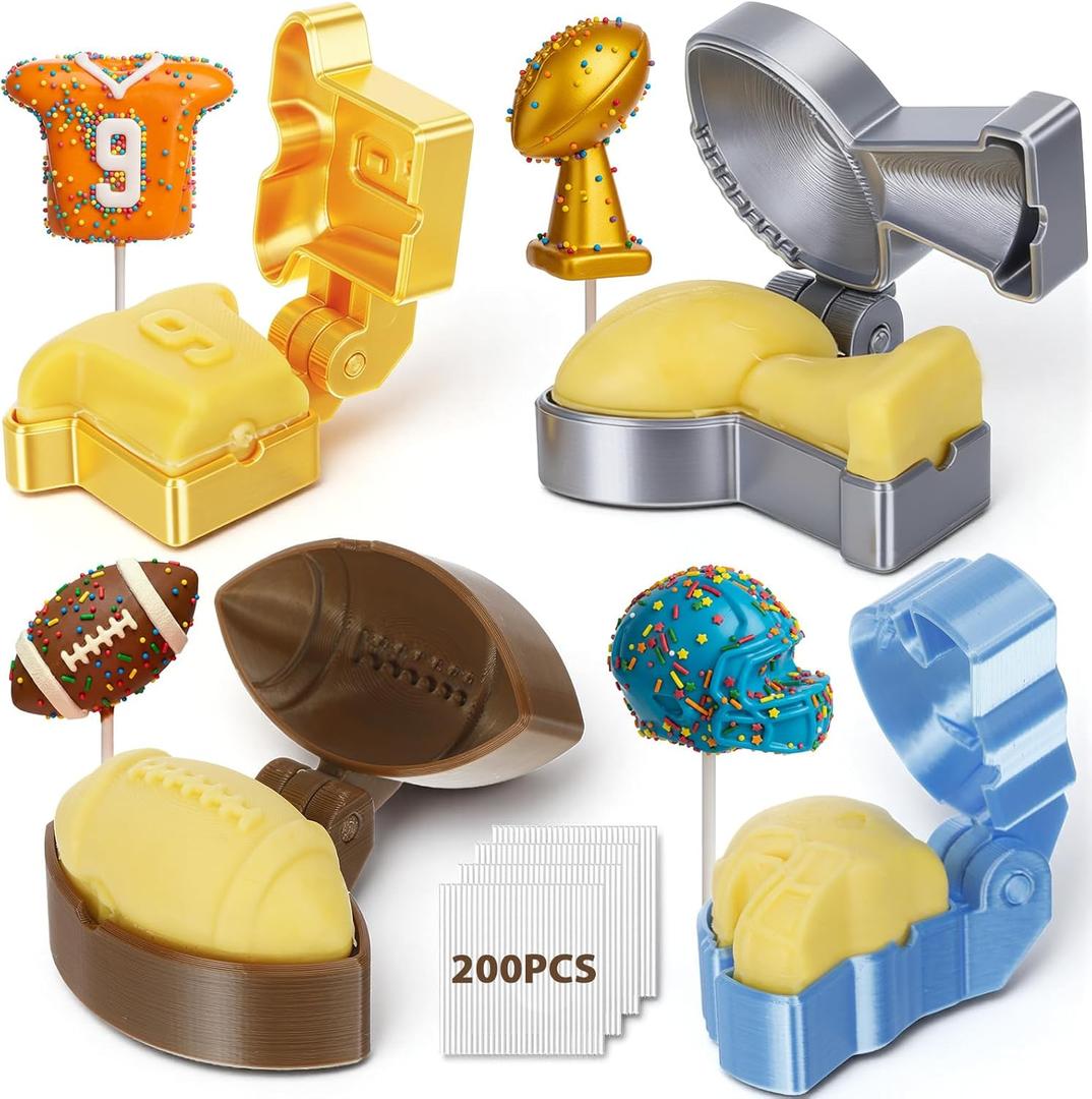 4 Pcs Football Cake Pop Mold Set, Rugby Shaped Cake Pop Cutter and Pusher with 200 Sticks, Jersey & Helmet & Trophies & Football Molds, 2026 New 3D Baking Tools for Sport Themed Game, Party