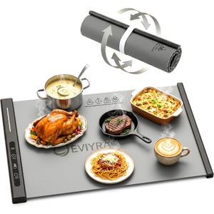 Food Warming Mat for Countertop, 26.4"x15" Large Electric Warming Tray for Buffet & Parties, Silicone Food Warmer Mat, 8 Temp Settings, 8H Timer, Auto Shut-Off, Roll Up Food Heating Mat, Grey