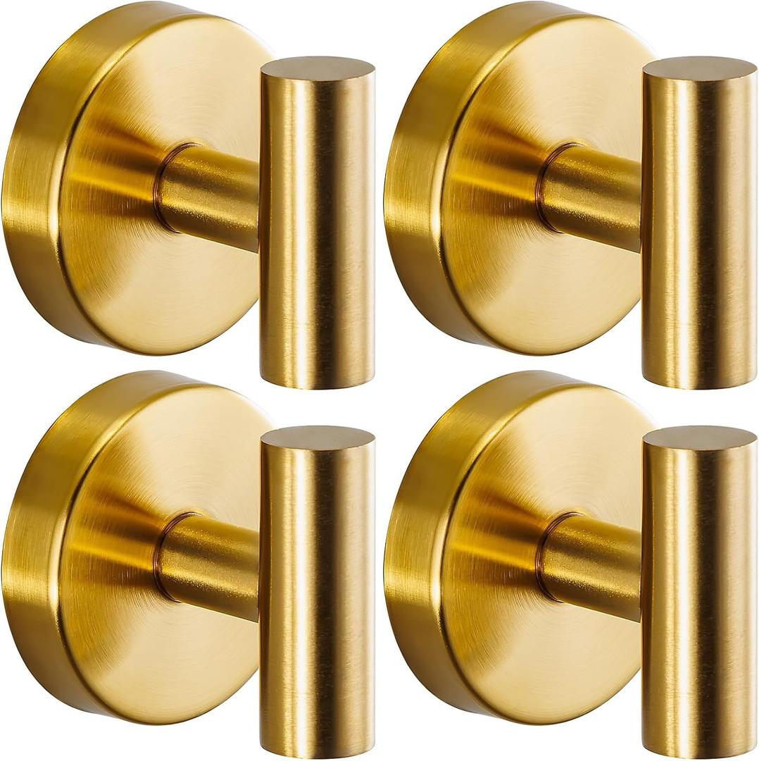 Suction Cup Hooks for Shower - Bathroom Reusable Hooks for Towels, Robes & Loofah - No-Drill Mounting on Kitchen,Walls,Metal,Glass,Mirrors,Tile & Smooth Non-Porous Surfaces (4, Brushed Gold)