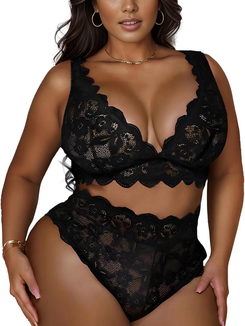 JuicyRose Women Plus Size 2 Piece Lingerie Sexy Floral Lace Scallop Trim Bralette and High Waist Panty Set (3X-Large, Black)