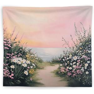 WNAGT Pink Wildflower Coastal Beach Tapestry Wall Hanging, Pastel Spring Floral Ocean Seaside Landscape Wall Blanket Decor for Bedroom Living Room Home Beach House, 50x60 Inch