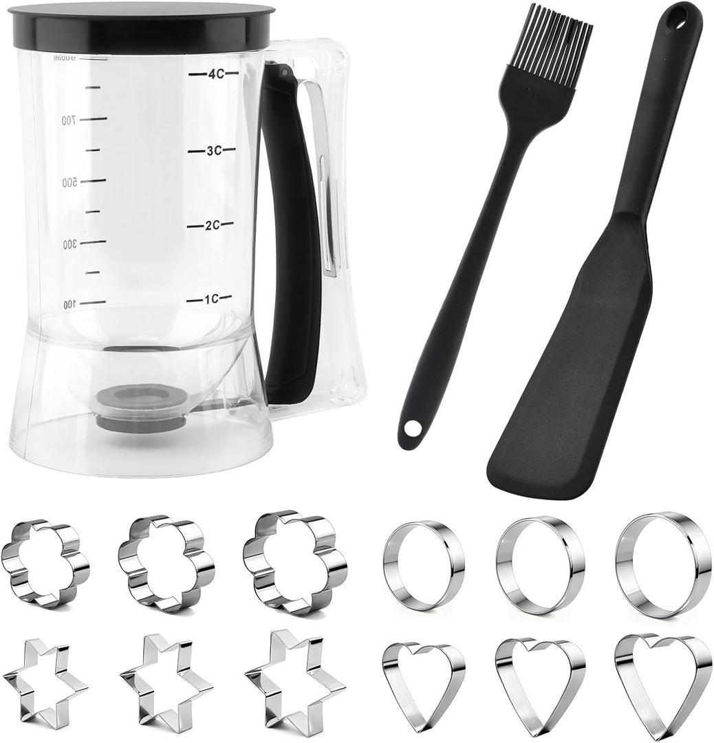 Pancake Batter Dispenser With Squeeze Handle Set, No Mess & Easy Pour, Includes Muffin, Hexagram, Heart and Flower Rings, Pastry Brush and Spatula Ideal for Pancakes, Waffles and Cupcakes