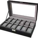Sodynee WBPU12-03 Watch Dislpay Box Organizer, Pu Leather with Glass Top, Large, Black