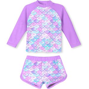 Vogseek Girls Rash Guard Two Pieces Swimsuit Long Sleeve Bathing Suit for 3-10 Years (7-8 Years, D-purple Blue)