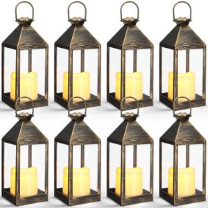 8 Pcs 10.6 Inch Decorative Candle Lanterns Bulk for Centerpieces Wedding Indoor Outdoor with LED Flameless Flickering Candle Hanging Farmhouse Lanterns Battery Powered for Party(Bronze)