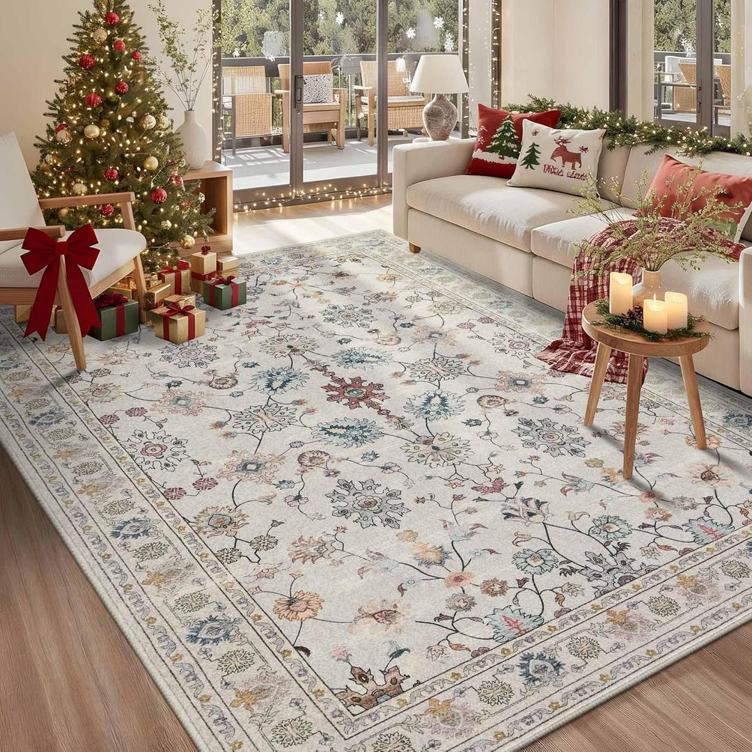 5x7 Area Rugs for Bedroom & Living Room - Washable Floral Boho Vintage Rug,Soft & Non-Slip,Low Pile Wool Carpet for Indoor Dining Room,Girls Room,Nursery Room and Kids Room(Grey)