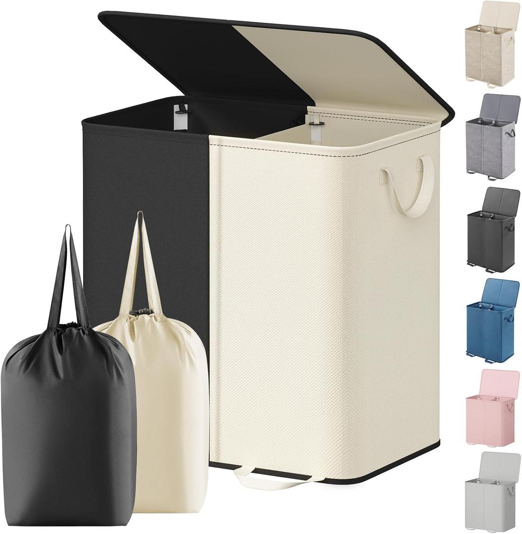 Lifewit Double Laundry Hamper with Lid and Removable Laundry Bags, Large Collapsible 2 Dividers Dirty Clothes Basket with Handles for Bedroom, Laundry Room, Closet, Bathroom, College, 136L White&Black