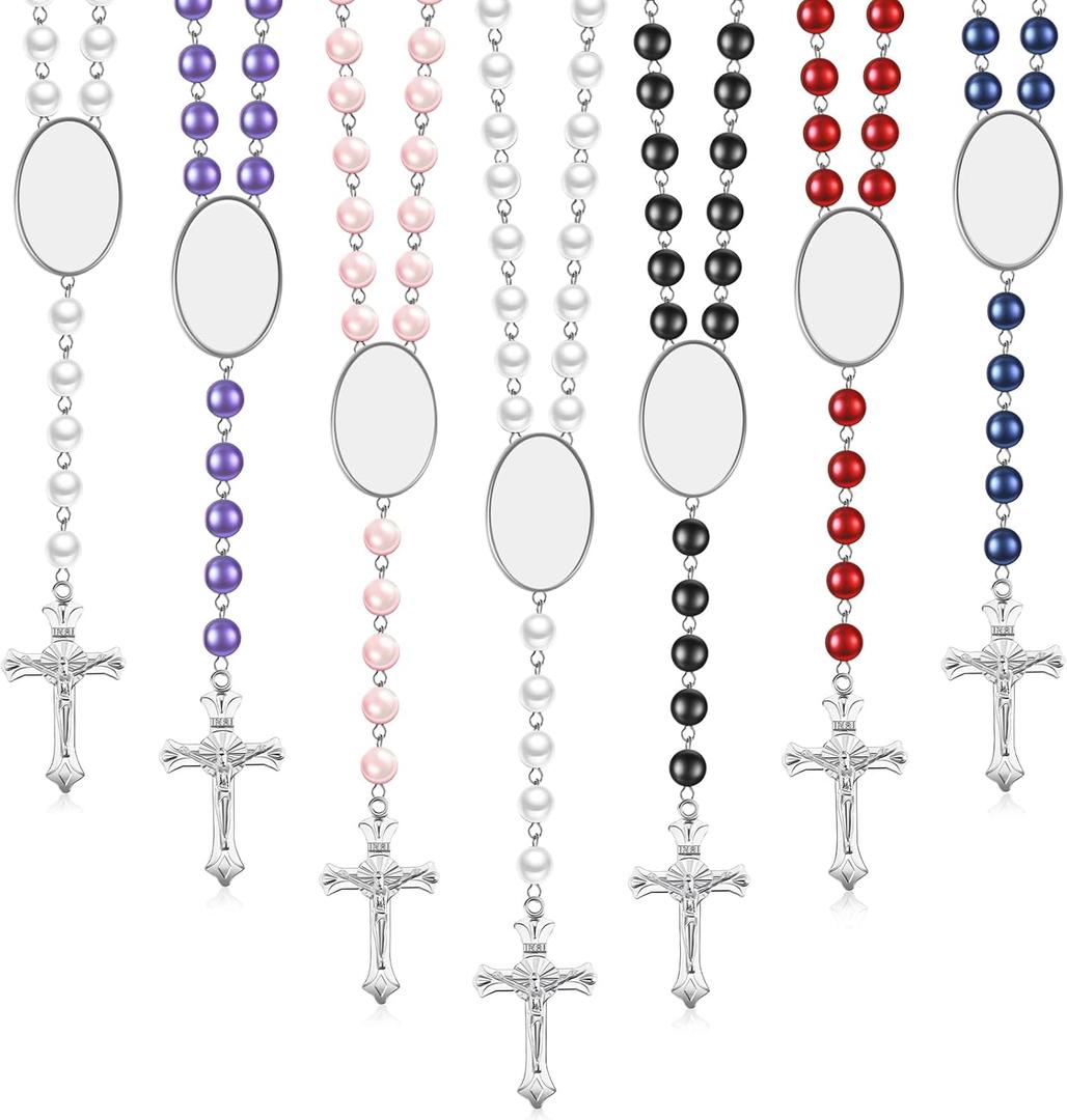 Taiyin 40 Set Heat Transfer Blank Rosary Beads Necklace Catholic Rosaries Printable Insert Necklace Prayer Beads with Organza Bags for Baptism Women Men Memorial Gifts DIY (Mixed Colors)