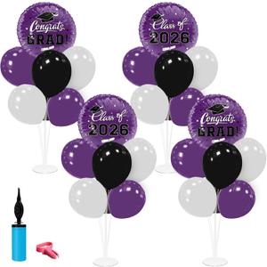 Graduation Decorations - 4 Set Balloon Stands, Class of 2026 Congrats Grad Table Centerpieces for Graduation Party Supplies(Purple & Black)