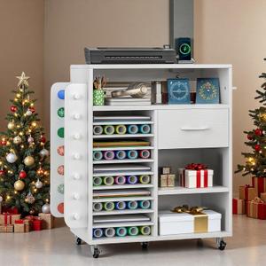 YITAHOME Craft Station with Power Outlet, Mobile Organizer Cart w/ 9 Adjustable Shelves, Vinyl & Fabric Storage, Rolling Cabinet for Craft Room & Home Office