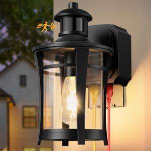 Porch Lights with Outlet, Outdoor Motion Sensor Lights, Dusk to Dawn Exterior Light Fixture, Anti-Rust Waterproof Outdoor Wall Light, Aluminum Outside Lights for House Patio Front Door Garage, Black (1 Pack)