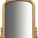 Vintage Arched Wall Mirror, Baroque Carved Frame, 22 x 15.8 Inch | Distressed antique gold finish, classic European style, handcrafted carved detailing, suitable for bathroom vanity, bedroom