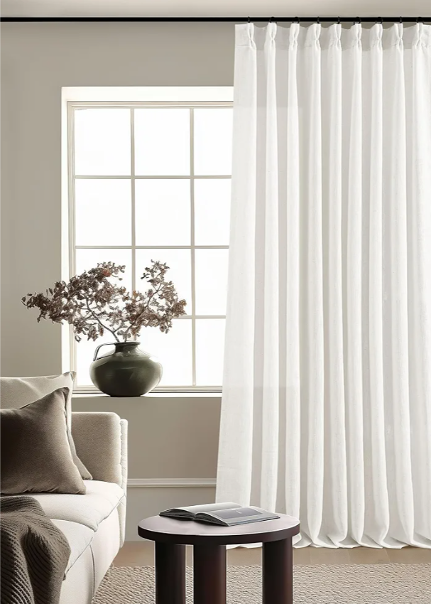 Beige White Pinch Pleated Linen Curtains 1 Panel for Living Room Bedroom Memory Training Shaped Semi Sheer Pleat Drapes with Hooks Rings Light Filtering Window Curtain 60x108