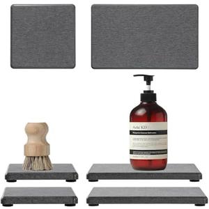 4PCS Water Absorbing Sponge Holder Diatomite Stone Sink Tray Mat, Quick Drying Kitchen & Bathroom Counter Tray Vanity Caddy, Diatomaceous Earth Dish Soap Dispenser Organizer, Dark Gray