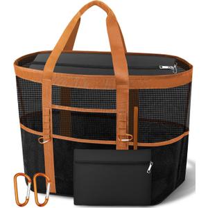 2026 Chic & Spacious XX-Large Beach Bag for Women  Mesh  Canvas Tote with Top Zipper, 11 Pockets, Detachable Pouch | 40L+ Spacious, 11 Tall Pockets, Zipper Pouch, Secure Zip-Top, Sand-Resistant Base (Black and Brown)