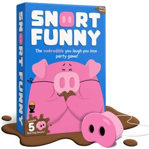 Snort Funny  The Oinkredible You Laugh You Lose Party Game, Family Games for Kids and Adults w/ 150 Challenge Cards, 5 Pig Snouts & Mud Tokens, Funny Games for Friend & Family, 4-8 Players, Ages 8+