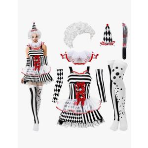 Newcotte 7 Pcs Women Halloween Scary Costume Set Clown Costume Clown Dress Wig Stockings Plastic Sword Hat Medium Newcotte 7 Pcs Women Halloween Scary Costume Set Clown Costume Clown Dress Wig Stockings Plastic Sword Hat Medium