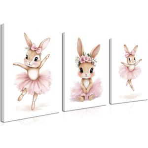 Baby Girl Nursery Wall Decor, Easter Nursery Canvas Wall Art Paintings Set of 3, Cute Animal Pink Bunny Posters Prints Pictures for Boys and Girls Room, Bedroom, Home Decor 12x16 In Framed