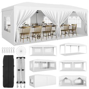 GarveeLife 10x20 Heavy Duty Pop Up Canopy Tent with 6 Removable Sidewalls, Easy Up Commercial Canopy Tents for Parties, Large Outdoor Canopies with 3 Adjustable Heights, Stakes X18, Ropes X6, White