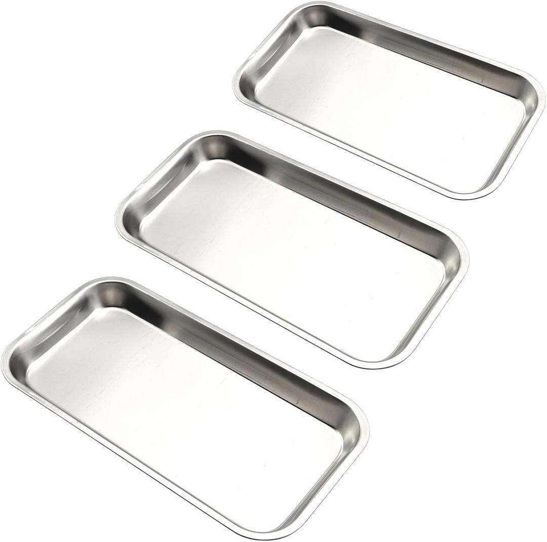 3PCS Stainless Steel Trays 8.6 Inch Silver Lab Instrument Tool Pallet Instrument Panels for Dining Table Bathroom Vanities Countertops