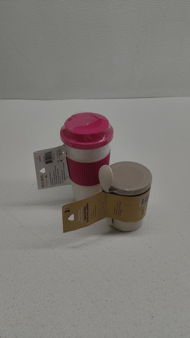 1. ECO COFFEE CUP 16OZ, 2. JACENT BIOS MART WHEAT CUP WITH SPOON