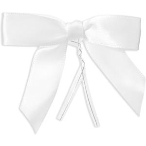 Juvale Twist Tie Bows - 100 Count, White, 3 x 2.5 in Satin Ribbon - Pre-Tied Gift Bows - Twist Ties for Cake & Crafts