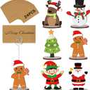 24 Pcs Christmas Wooden Place Card Holders with 30 Kraft Place Cards Santa Snowman Elk Memo Number Name Photo Picture Note Clip Holder Tabletop Stands Gifts for Xmas Party Table Decoration