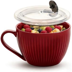 Red Ceramic Soup Bowl with Handle & Lid, 24oz Jumbo Soup Mug - Microwave & Dishwasher Safe Ceramic Ramen Bowl for Soup, Oatmeal, Salad (1 Pack)