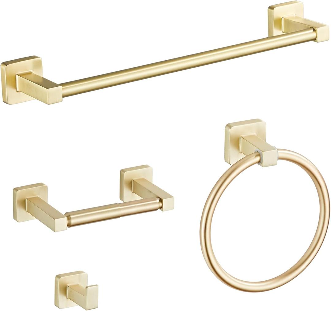 Brushed Gold Bathroom Hardware Set 4 Pieces,Towel Bar Set Stainless Steel Wall Mounted, Includes 16In Hand Towel Bar, Towel Ring, Robe Towel Hooks,Toilet Paper Holder, Bathroom Towel Rack Set