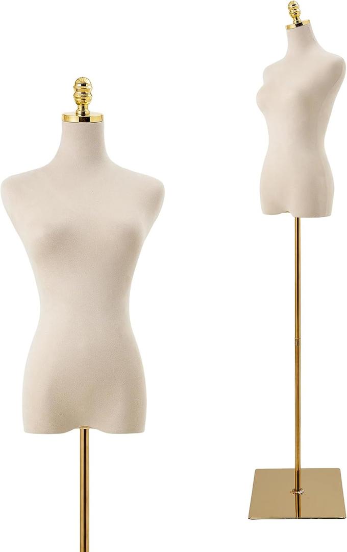 Velvet Cover Mannequin Torso Dress Form, Velvet Surface Fits Safety Pins, Inner Plastic Core Non-Pinnable, Height Adjustable Golden Stand, Perfect for Retail, Boutiques & Sewing Room Garment Display, Female