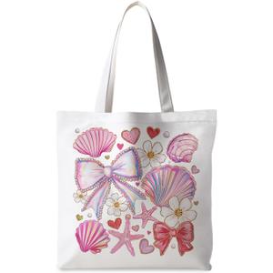 Coastal Seashell Tote Bag, Pink Seashell Pearl Canvas Tote Bags for Women, Girly Coastal Ocean Gift for Woman, Beach Summer Reusable Grocery Shopping Bags
