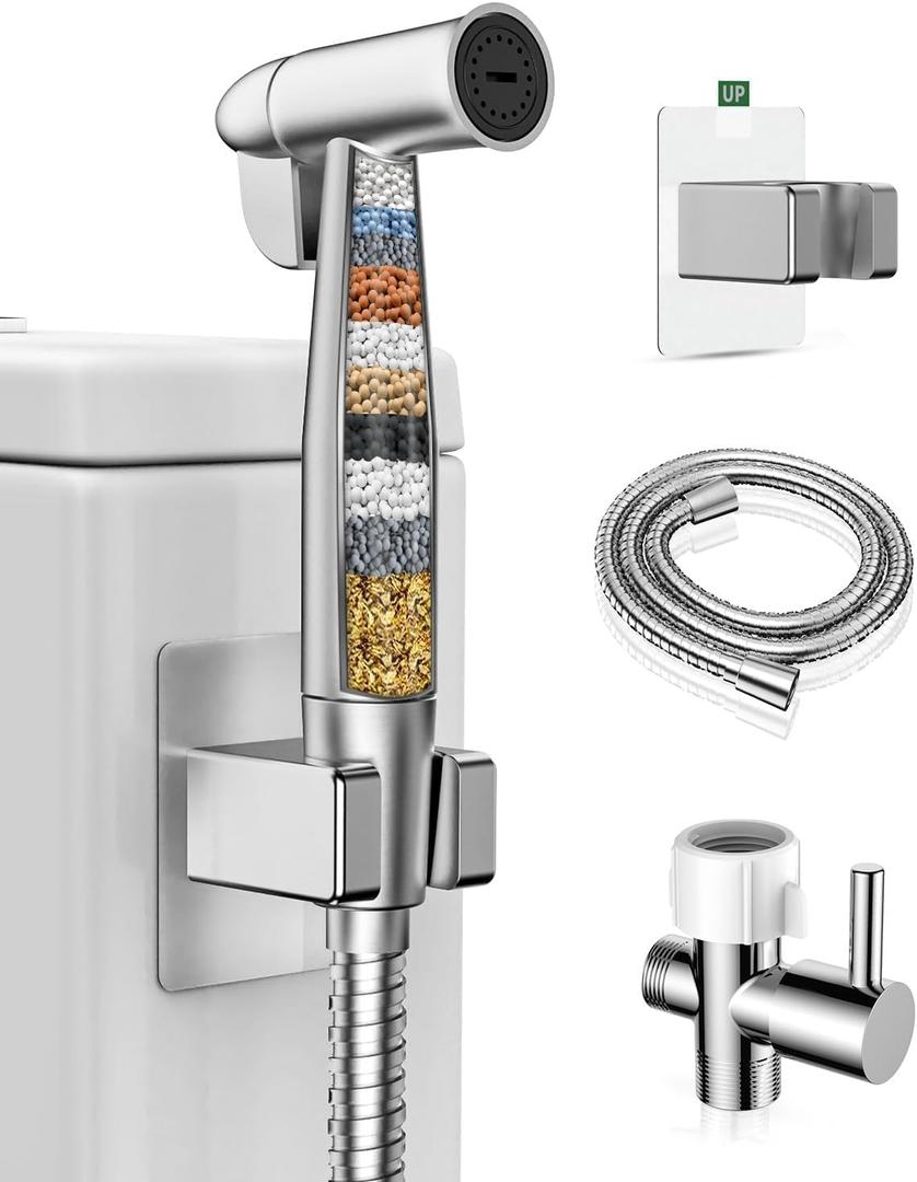 Handheld Bidet Sprayer for Toilet with Water Filter, Stainless Jet Spray for Toilet with Adjustable Pressure, 47in Leak-Proof Hose for Muslim Shower, Feminine Wash, Diaper Cloth Washing (Silver)