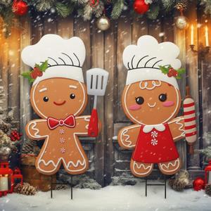 Moxweyeni 2 Pack 28.5 Inch Large Christmas Gingerbread Garden Stakes Outdoor Decoration Cooking Chef Gingerbread Yard Sign Large Christmas Metal Stakes Xmas Sign for Outdoor Decor