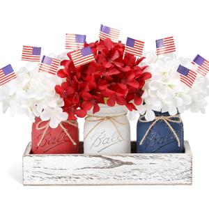 Patriotic Table Decorations, Memorial Day Decor, 250 Anniversary USA Patriotic Mason Jars with Mini American Flags, 4th of July Decorations, Red White and Blue Decor, Patriotic Themed Party Decoration