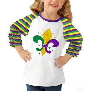 BesserBay Girls Valentines Day Heart 3/4 Sleeve Shirt Mardi Gras Ruffle Raglan Stripe Top 4-10 Years
