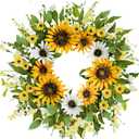 zjlmit Spring Wreath 20 Inch Artificial Summer Wreath Spring Wreaths for Front Door Made of Silk Material with Sunflowers Daisy Flowers and Green Leaves for Windows Cabinets and Walls