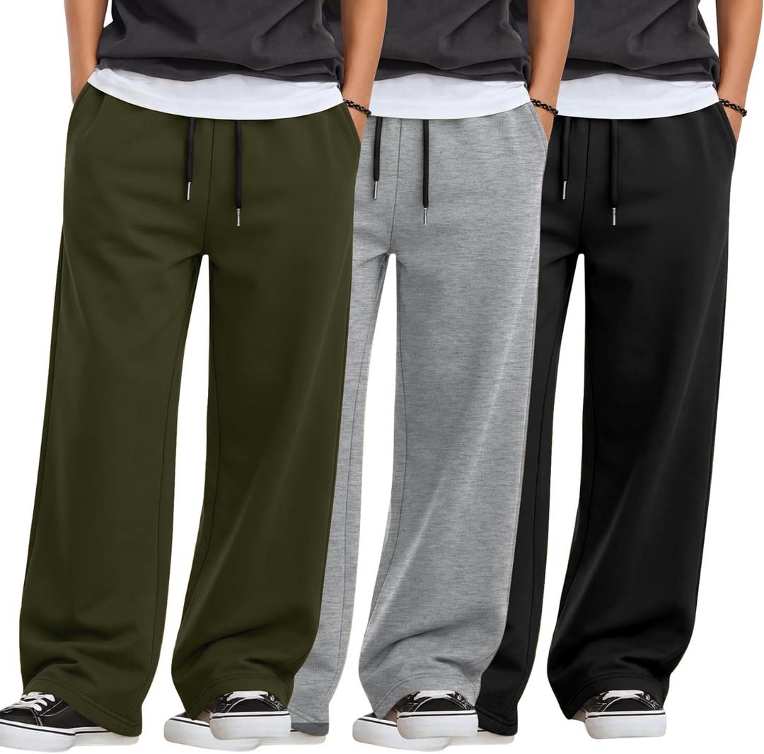 3 Pcs Boys Lightweight Sweatpants Wide Leg Open Bottom Drawstring Elastic High Waist Joggers Baggy Athletic Pants (13-14 Years, Black, Army Green, Light Mixed Gray)