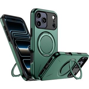 PELEPUES for iPhone 17 Pro Case Magnetic, Military Grade Shockproof Phone Case Cover with 360 Rotatable Metal Ring Stand Kickstand [Compatible with MagSafe] for iPhone 17 Pro, Green