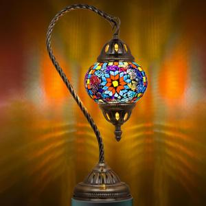 Marrakech Tiffany Style Stained Glass Table Lamp, Handmade Turkish Moroccan Mosaic Glass Lamp with Swan Neck Bronze Base, LED Bulb Included, Vintage Beside Lamp for Bedroom Decoration (Colorful1)