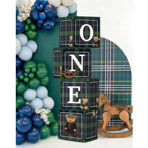 4PCS Green Plaid Teddy Bear ONE Birthday Boxes, Vintage Preppy First Birthday Party Boxes for Baby Shower, Gender Reveal Party Decoration