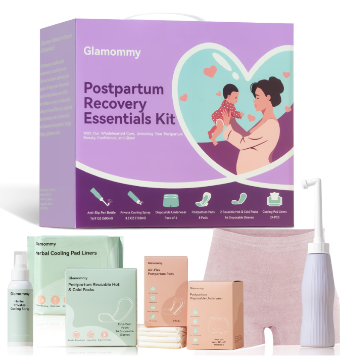 Glamommy Postpartum Recovery Essentials Kit for Mom, Labor & Delivery Postpartum Care, Peri Bottle, Cooling Spray, Disposable Postpartum Underwears, Postpartum Pads, Hot&Cold Packs, Soothing Liners