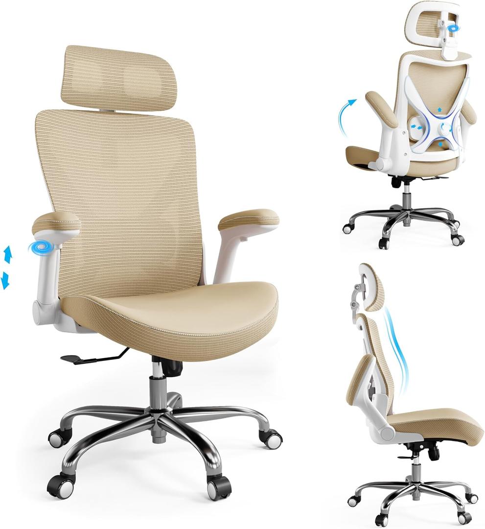 Ergalithic Office Home Ergonomic Desk Chair-Computer X-Shaped Chair Mesh PU Leather with Adjustable Lumbar Support-Executive Chair High Back with Headrest Flip-Up Arms for Long Hours (Khaki), 24.8" W x 25.6" D x 47.24" H