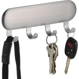 iDesign Forma Self-Adhesive Key Rack Organizer for Entryway, Kitchen - 4 Hooks, Stainless Steel
