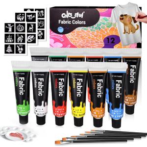 Colorful Fabric Paint Set for Clothes 12 Colors - Permanent Textile Paint Kit for Shoes, Canvas - Non-Toxic Slick Painting Set for Adults, Beginner & Artists (0.4 Fl Oz (Pack of 12))