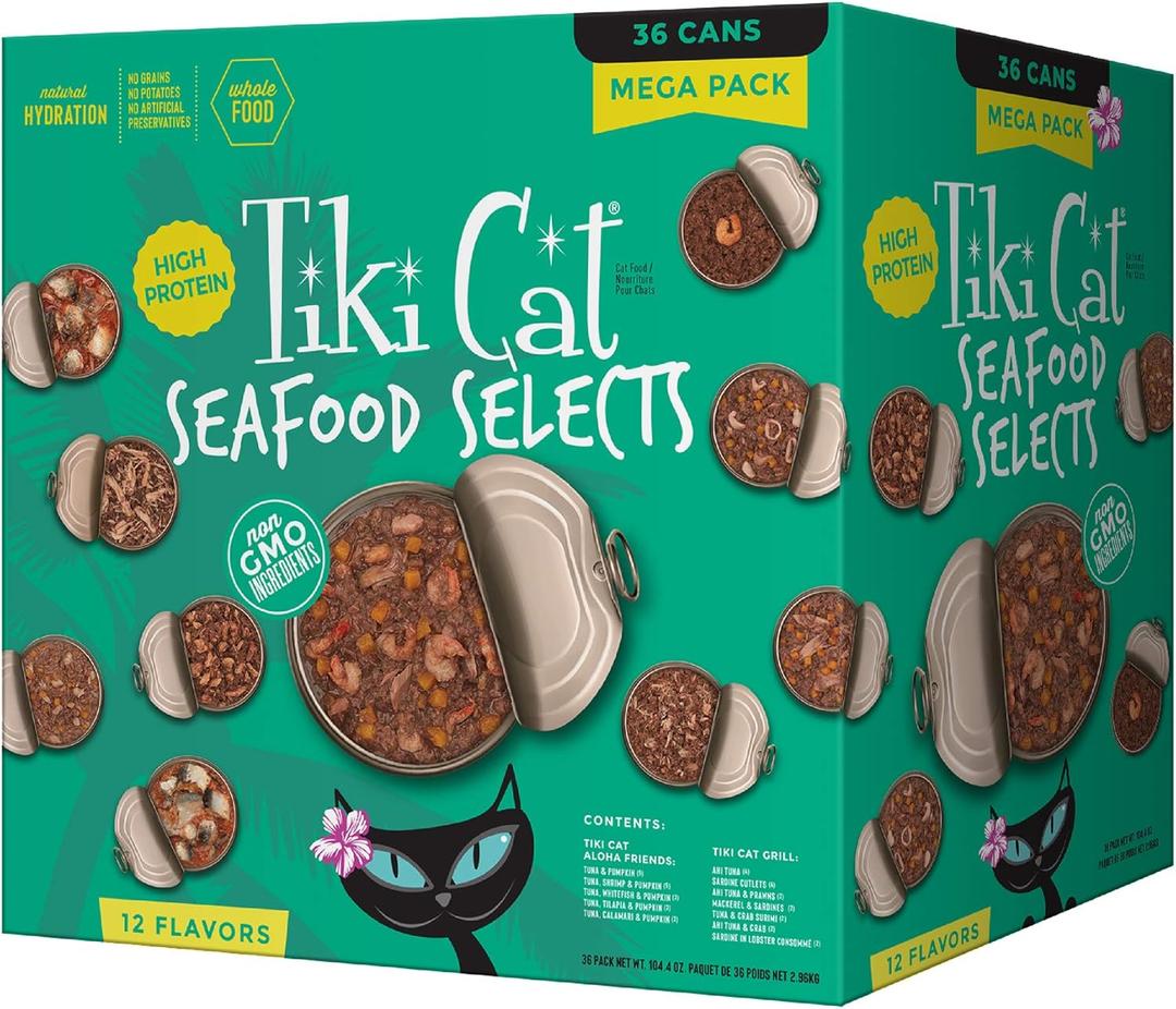 Tiki Cat Seafood Selects, Ultimate Variety Pack, 34 High Protein Servings with Real Flaked Fish, Wet Cat Food Mega Pack, 2.8 and 3 oz. Cans (Pack of 34)