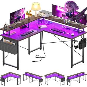 Armocity L Shaped Computer Desk with Power Outlets, Gaming Desk L Shaped with LED Lights, Corner Desk with Storage Shelves, Work Study Desks for Bedroom, Home Office Small Spaces, 47'', Black Walnut Armocity L Shaped Computer Desk with Power Outlets, Gaming Desk L Shaped with LED Lights, Corner Desk with Storage Shelves, Work Study Desks for Bedroom, Home Office Small Spaces, 47'', Black Walnut