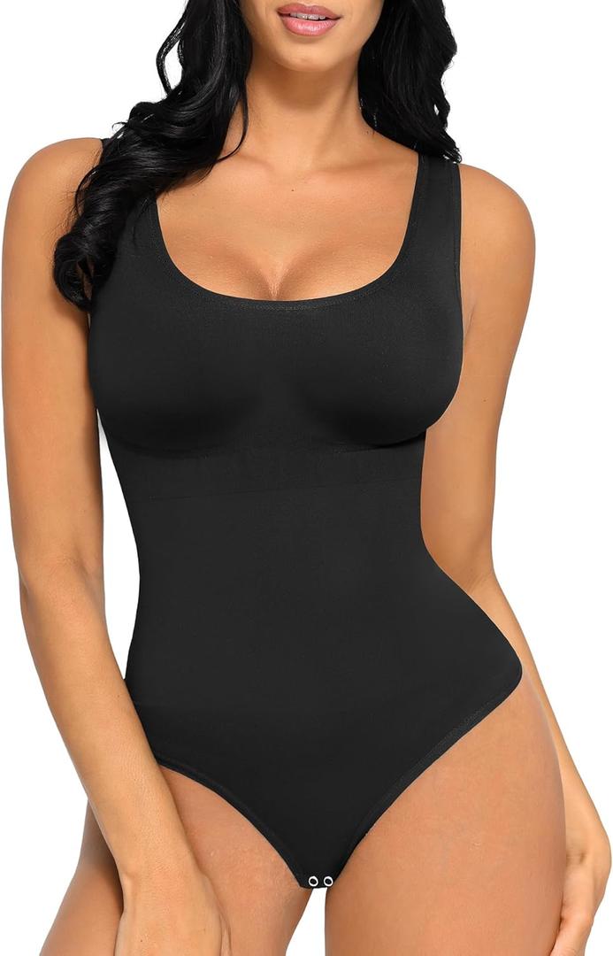 FeelinGirl Womens Shapewear Tummy Control Thong Bodysuit Compression Slimming Body Suits Seamless Sculpting Body Shaper (Medium-Large, Black)