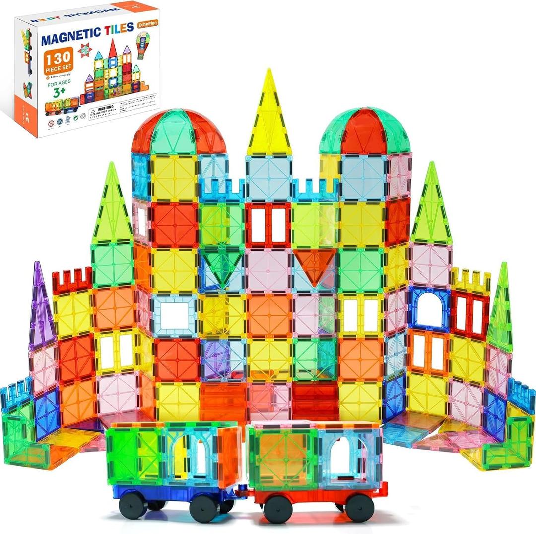 EchoPlan Magnetic Tiles, 130PCS Magnetic Blocks with 2 Cars, Magnet Tiles 3D Clear Building Blocks Set, STEM Sensory Educational Toys Gift for Toddlers Kids Boys 3 4 5 6 7 8 9+ Year Old
