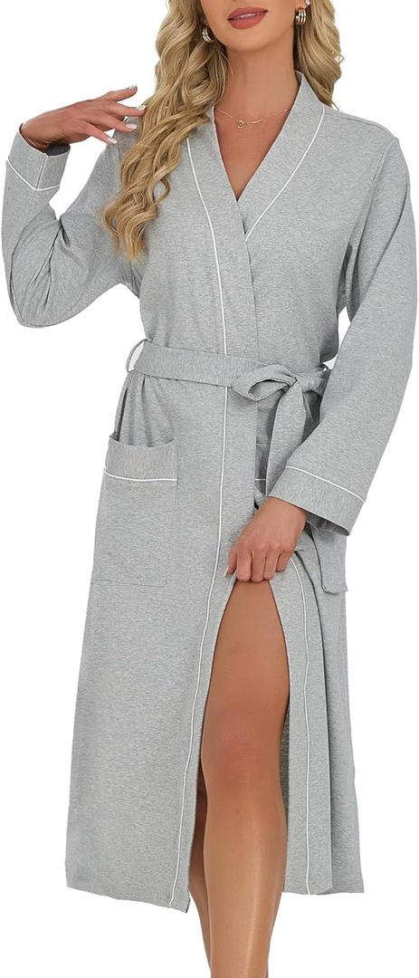 2SKIIN Women's Organic Cotton Robe, Lightweight Long Kimono Bathrobe for Women, Soft Spa Lounge Sleepwear with Pockets , U2skiin, S/M